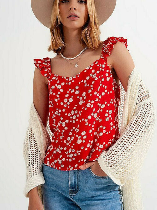 Frill strap cami top in red ditsy floral print - Q2