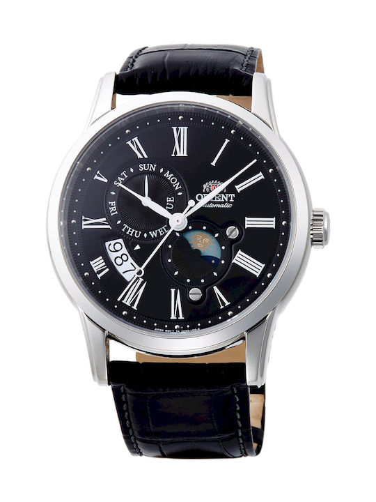 Orient Moon Phase Watch Chronograph Automatic with Black Leather Strap