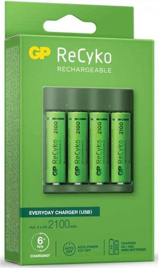 GP Batteries ReCyko B421 USB Зарядно Устройство За 4 Батерии Ni-MH Размер AA Комплект с 4x AA 2100mAh в Зелен Цвят
