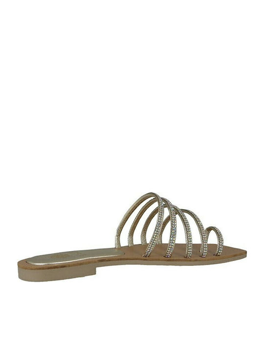 Leather Women's Flat Sandals in Gold Color