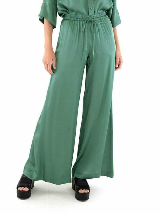 Athina Klo Women's High-waisted Satin Trousers with Elastic Bell Green