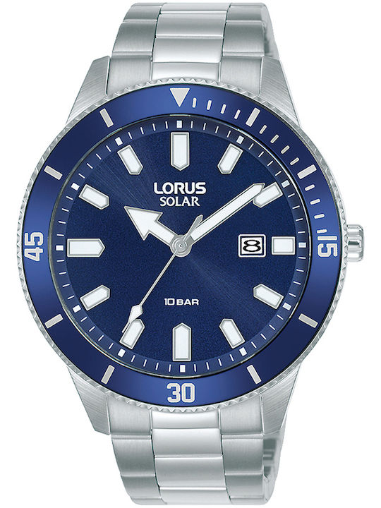 Lorus Ανδρικό Ρολόι 43mm Solar με Ασημί Μεταλλικό Μπρασελέ