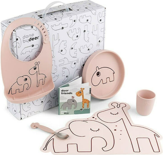 Done by Deer Set de hrănire Gift Box Deer Friends din Silicon cu Bază Antiderapantă Roz 5buc