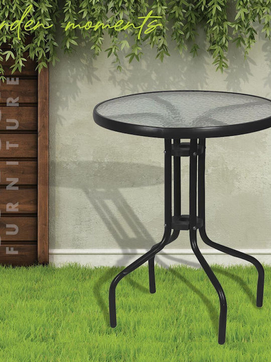 Outdoor Dinner Free Standing Table with Glass Surface and Metal Frame Black 60x60x72cm