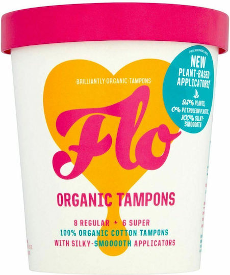Here We Flo Tampons Organic 8 Regular & 6 Super with Applicator for Normal Flow 14pcs