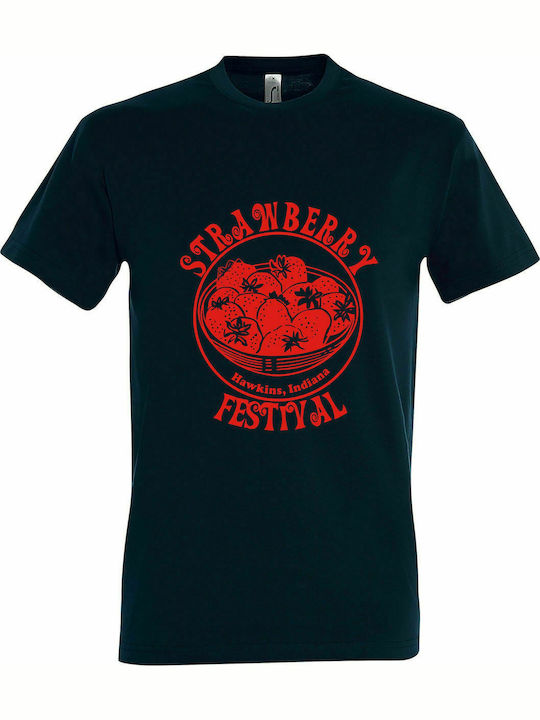 T-shirt Unisex, " Stranger Things, Eleven's shirt, Erdbeerfest ", Petroleum Blau