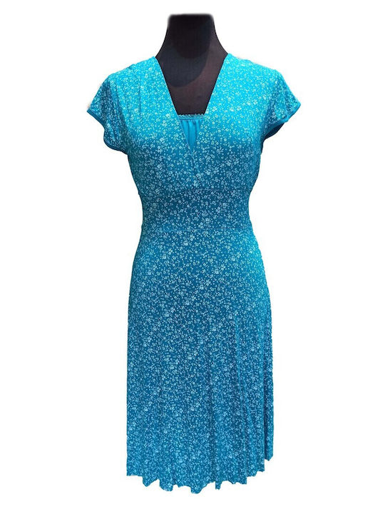 Stretch Viscose Fine Floral Dress 6130 Turquoise White.