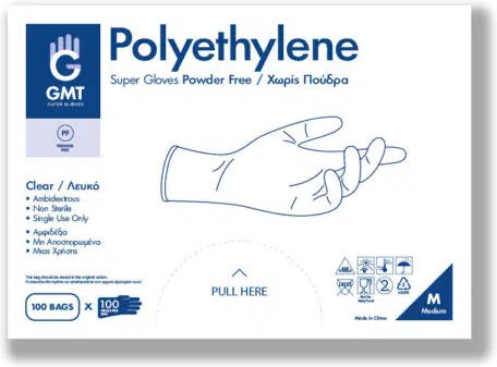 GMT Super Gloves Polyethylene Examination Gloves Powder Free Transparent 100pcs