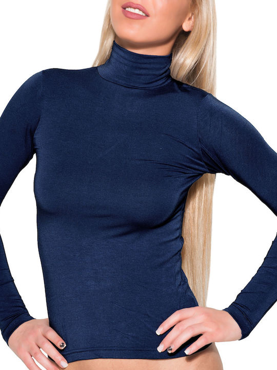 Apple Boxer Women's Blouse Long Sleeve Turtleneck Navy Blue