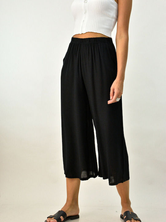 Women's High-waisted Fabric Trousers with Elastic in Straight Line Black