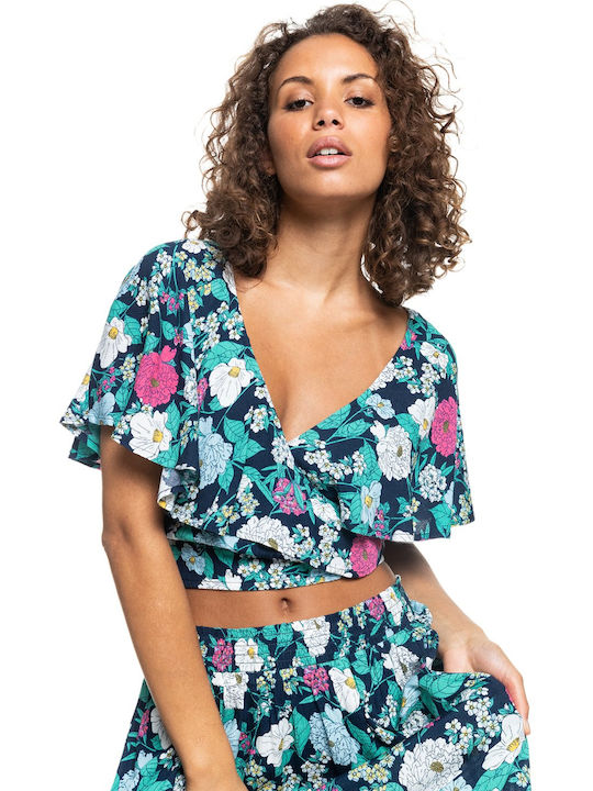 Roxy Clear Skies pentru Femei de Vară Crop Top cu Mâneci Scurte Floral Mood Indigo
