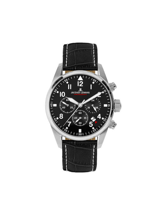 Jacques Lemans Watch Chronograph Battery with Black Leather Strap