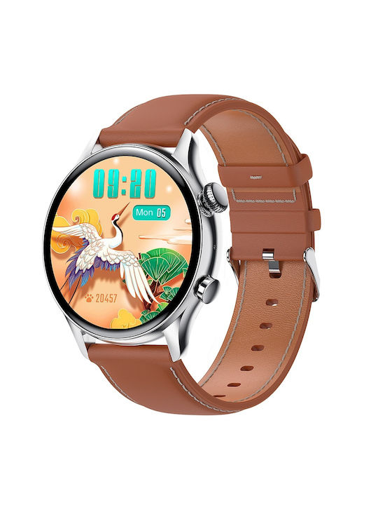 HK8 Pro Smartwatch με Παλμογράφο (Ασημί κάσα / καφέ δερμάτινο λουρί ...