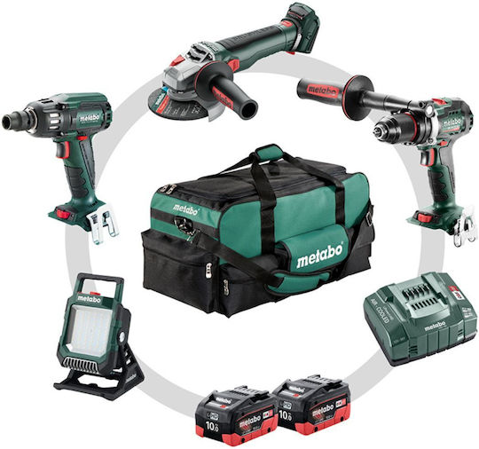 Metabo 685209000 Σετ Γωνιακός Τροχός, Δραπανοκατσάβιδο, Μπουλονόκλειδο & Φακός 18V με 2 Μπαταρίες 10Ah και Θήκη
