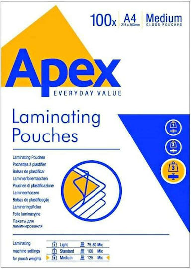 Fellowes Apex Light Duty Glossy Laminating Sheets A4 125 Microns 100 Pieces