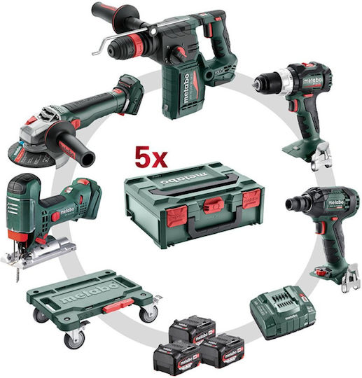 Metabo Combo Set Angle Wheel & Drill Driver & Impact Driver & Hammer & Jigsaw 18V with 3 Batteries 5.2Ah and Case