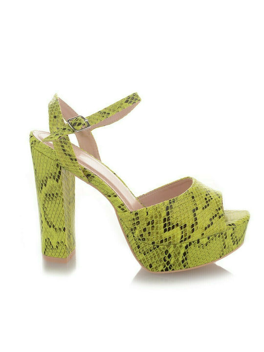Famous Shoes Δερμάτινα Γυναικεία Πέδιλα με Χοντρό Ψηλό Τακούνι σε Πράσινο Χρώμα