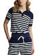 Ralph Lauren Damen Sportlich Polo Bluse Kurzarm Gestreift Newport Navy / Deckwash White