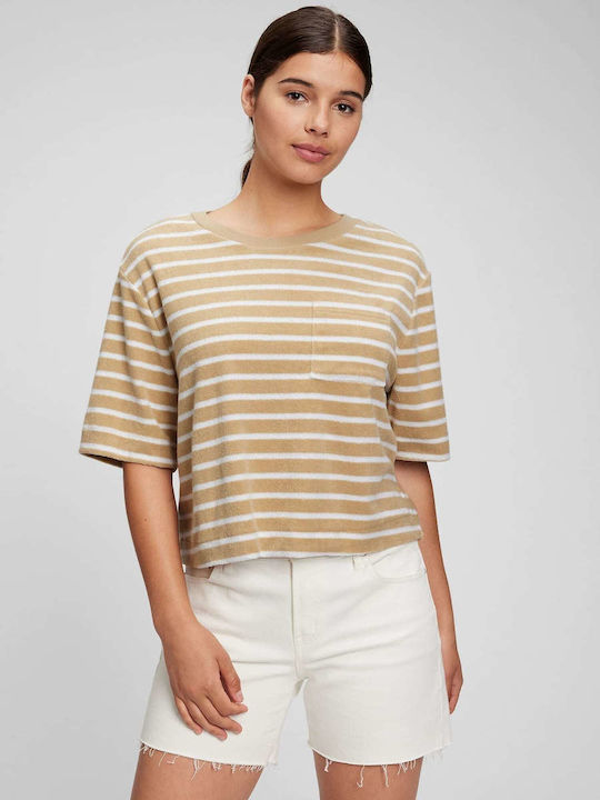 GAP Women's Crop Top Cotton Short Sleeve Striped Brown