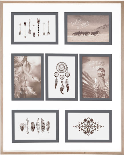 Multi Wall-Mounted Picture Frame 7 Photos Wooden With Beige Frame