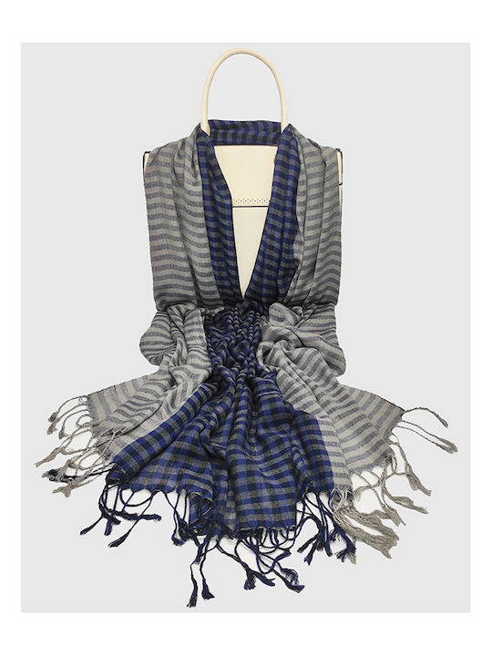 Women's scarf Men's scarf in striped and checkered pattern with fringes 70cm. x 180cm. Blue
