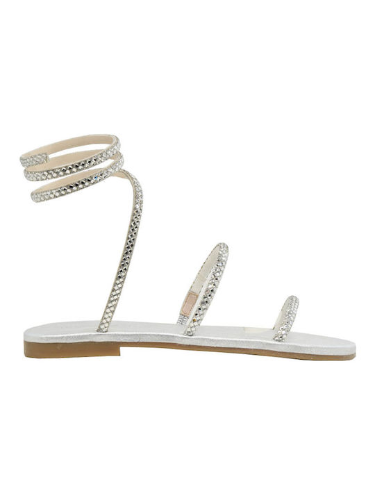 Fardoulis Leather Women's Flat Sandals in Silver Color