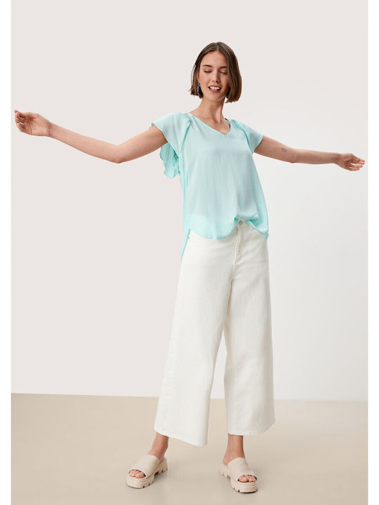 Women's Summer Blouse Short Sleeve with V Neckline Aqua