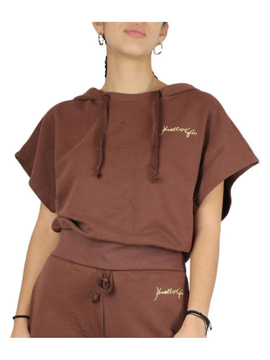 Women's Summer Crop Top Cotton Short Sleeve with Hood Coffee Brown