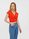 Spicy Women's Summer Blouse Linen Short Sleeve with V Neckline Orange
