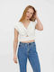 Vero Moda Damen Sommer Crop Top Leinen Kurzarm mit V-Ausschnitt Marineblau