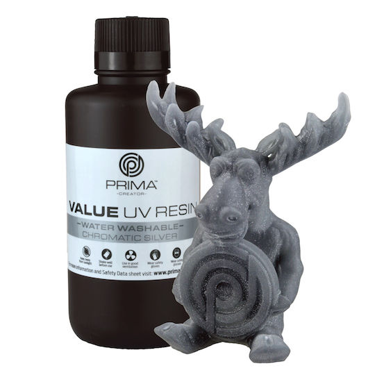 PrimaCreator Value UV Water Washable Resin for 3D Printer Chromatic Silver 500ml (PV-Resin-B405-0500-CS)