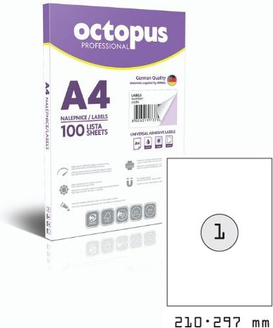 Octopus 100 Self-Adhesive Rectangular A4 Labels 210x297mm