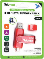 Tekmee 3-in-1 On Go 16GB USB 2.0 Stick cu conexiune USB-A,USB-C & micro USB-B Roșu