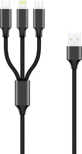 Forever Regular Cablu USB la Lightning / Type-C / micro USB cu mai multe porturi 2A Negru 1m