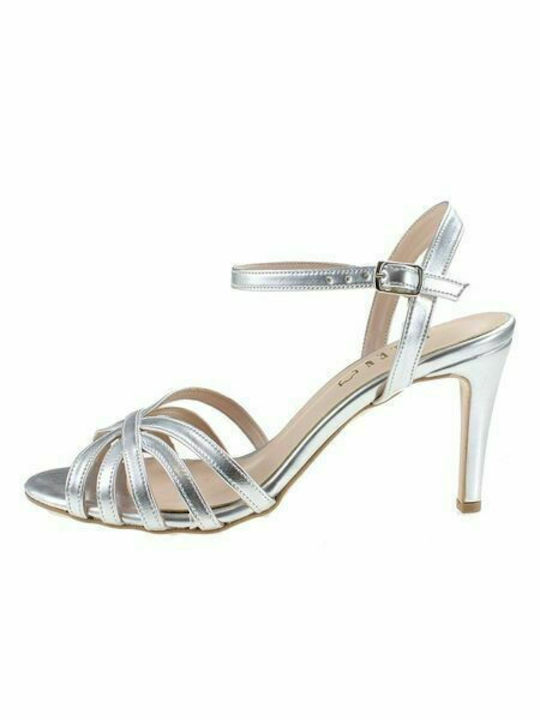 Ellen Women's Sandals with Ankle Strap Silver with Thin High Heel