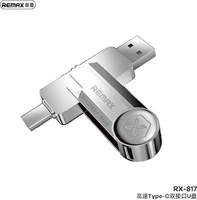 Remax RX-817 U Disk 64GB USB 3.1 Stick mit Verbindung USB-A & USB-C Silber