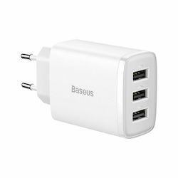 Baseus Încărcător Fără Cablu cu 3 Porturi USB-A 17W Albς (Compact)