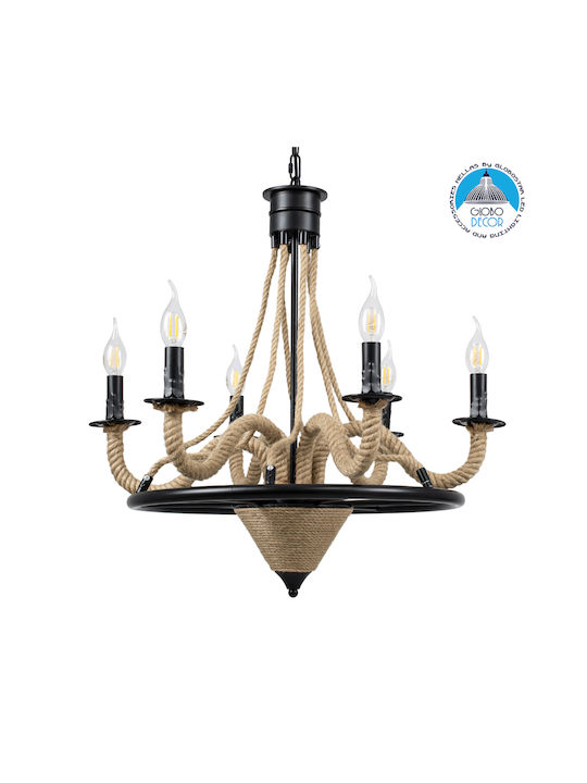 GloboStar Pennsylvania Πολυέλαιος 6xE14 Ø64cm με Σχοινί Μαύρος 00541
