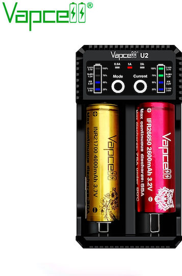 Vapcell U2 USB Φορτιστής 2 Μπαταριών Li-ion/Ni-Cd/Ni-MH Μεγέθους AA/AAA/D/18650/21700