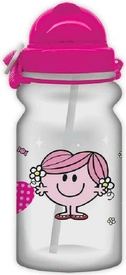 CHartini Poli Mrs. Hug Kids Water Bottle Mr. Men and Little Miss Plastic with Straw Fuchsia 350ml