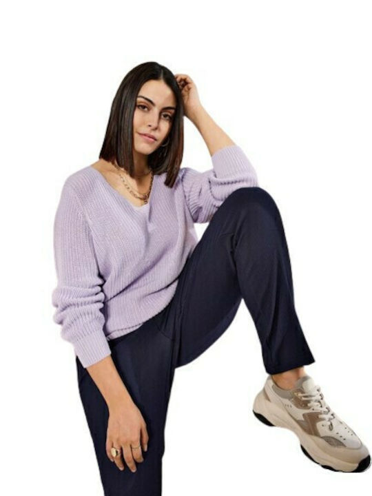 Only Women's Long Sleeve Sweater Cotton with V Neckline Purple