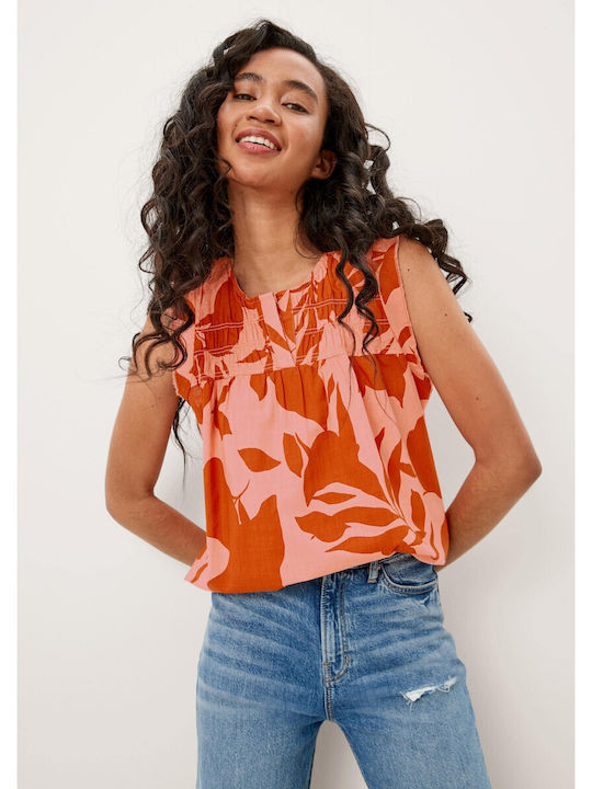 S.Oliver Damen Sommer Bluse Baumwolle Ärmellos Blumen Orange