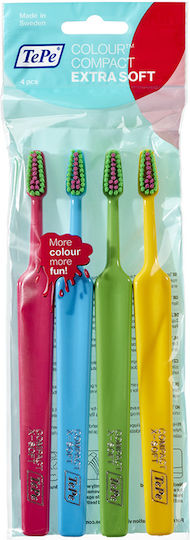 TePe Colour Compact Zahnbürste Extra weich Green, Fuchsia, Yellow & Blue 4Stück