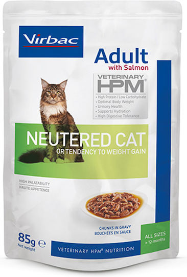 Virbac Venetinary HPM Nassfutter für Erwachsene Katzen in Beutel mit Lachs ohne Getreide & Gluten 85gr