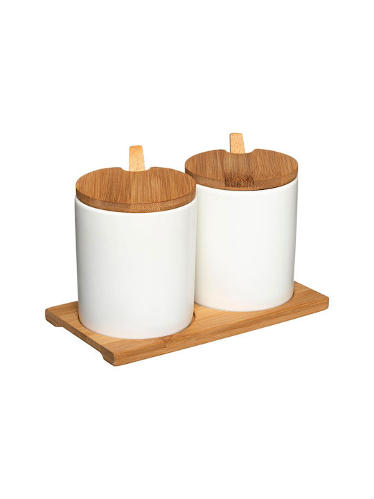 Vase Sugar / Brown with Lid Ceramic with Stand In White Colour 2pcs