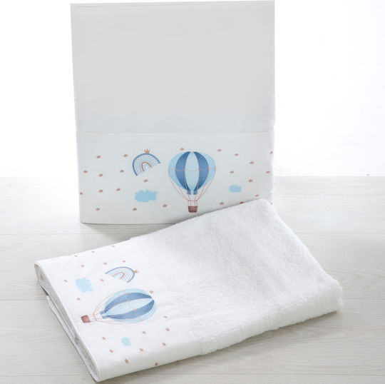 Bellissimo Set Bătături De Botez Balon Cu Aer Cald Curcubeu Albastre 3 Bucăți