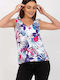 Rue Paris Damen Sommer Bluse Ärmellos Blumen Blau