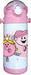 Χάρτινη Πόλη Πλαστικό Παγούρι με Καλαμάκι Μικρές Κύριες σε Ροζ χρώμα 450ml