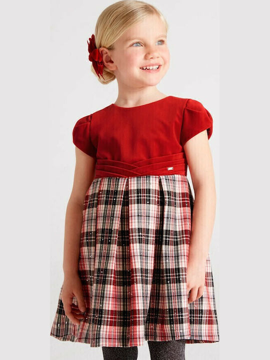 Children's Dress Short Sleeve Velvet Checked Red