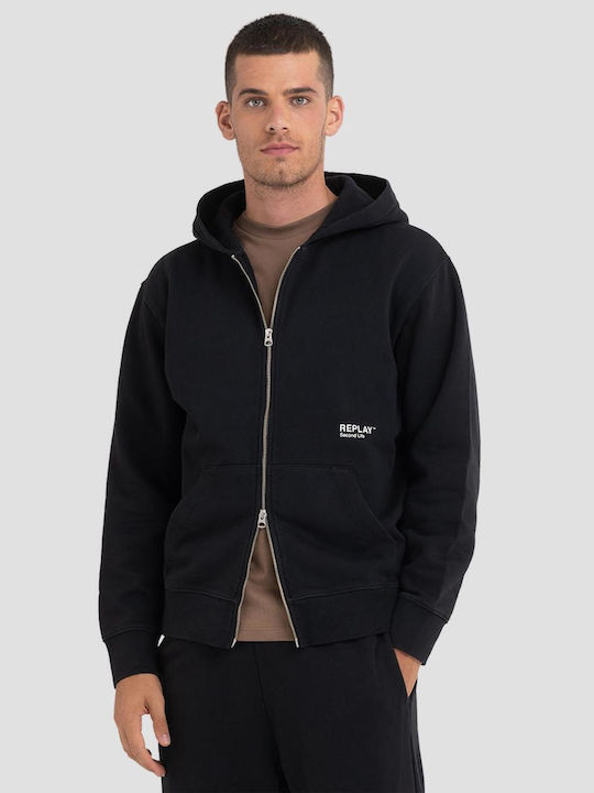 Replay Men's Sweatshirt Jacket with Hood and Pockets Black